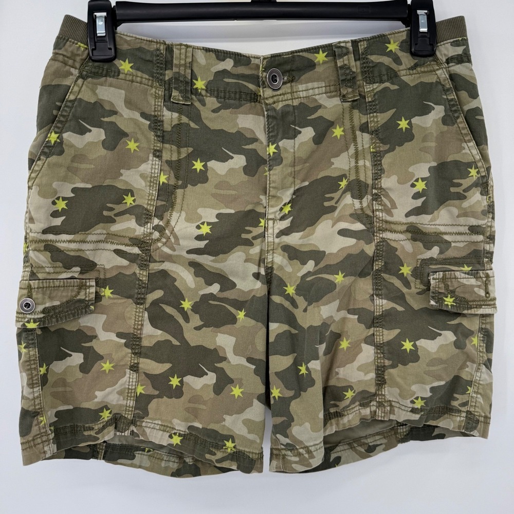 Style & Co Cargo Shorts Women 12 Green Camo Neon Star AOP Utility Elastic Waist